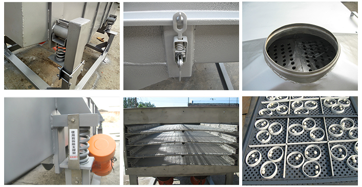 方形振動(dòng)篩篩網(wǎng)，進(jìn)料口，彈簧，等部件展示圖