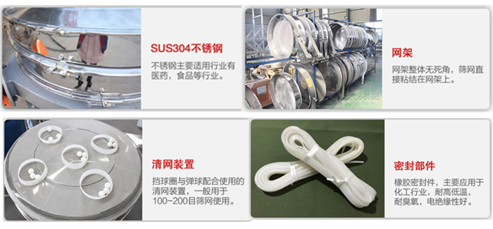 不銹鋼旋振篩細(xì)節(jié)：網(wǎng)架，清網(wǎng)裝置，密封部件