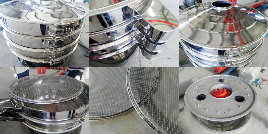 圓形振動(dòng)篩結(jié)構(gòu)：出料口，底座，進(jìn)料口，篩網(wǎng)等部件展示圖