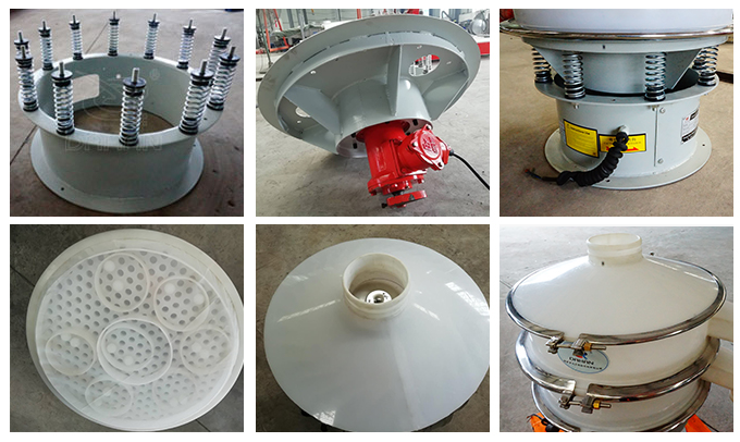 塑料振動(dòng)篩彈簧底座安裝，振動(dòng)電機(jī)安裝，篩網(wǎng)，防塵蓋等安裝圖片展示